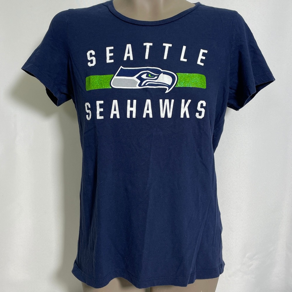 Seattle Seahawks NFL Football Majestic Navy Blue Glitter T-Shirt Women's XL